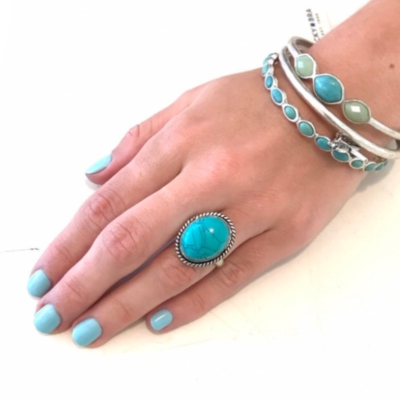 Semi-Precious Turquoise & Silver Adjustable Ring 3/4” - Picture 8 of 13